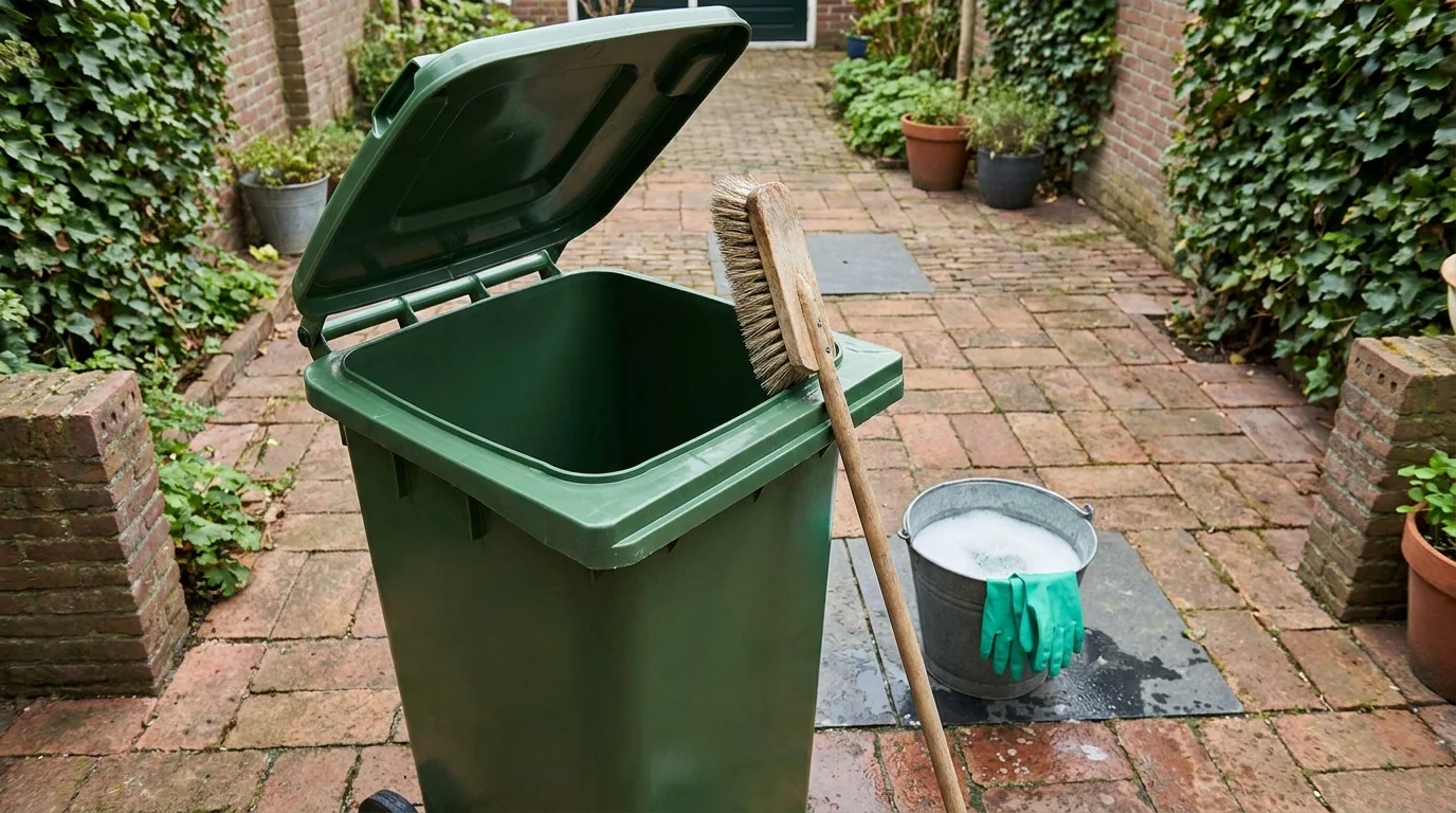 Schone lege container met borstel, emmer en huishoudhandschoenen