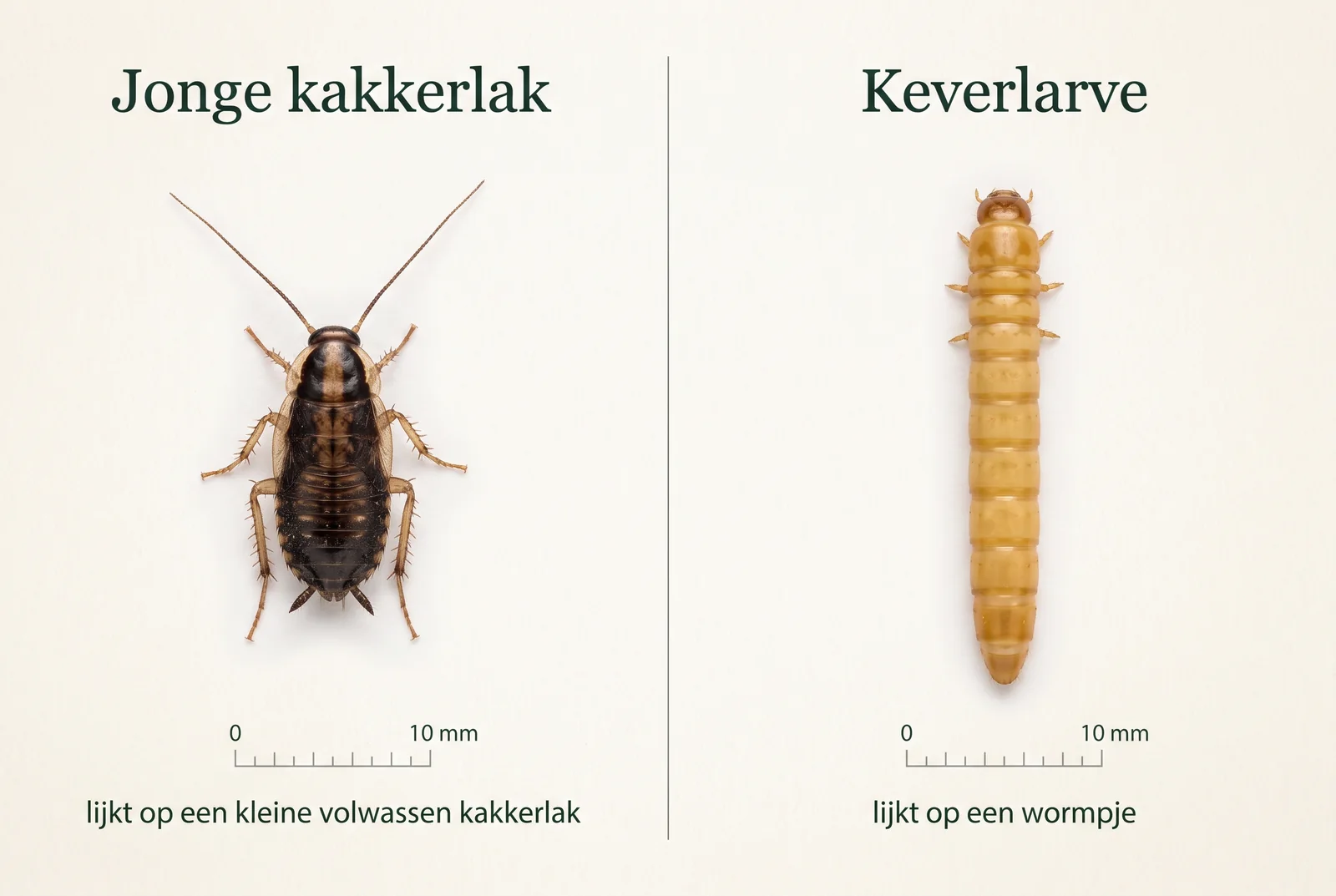 Jonge kakkerlak zonder vleugels naast een keverlarve, allebei met een schaalbalk van 10 millimeter