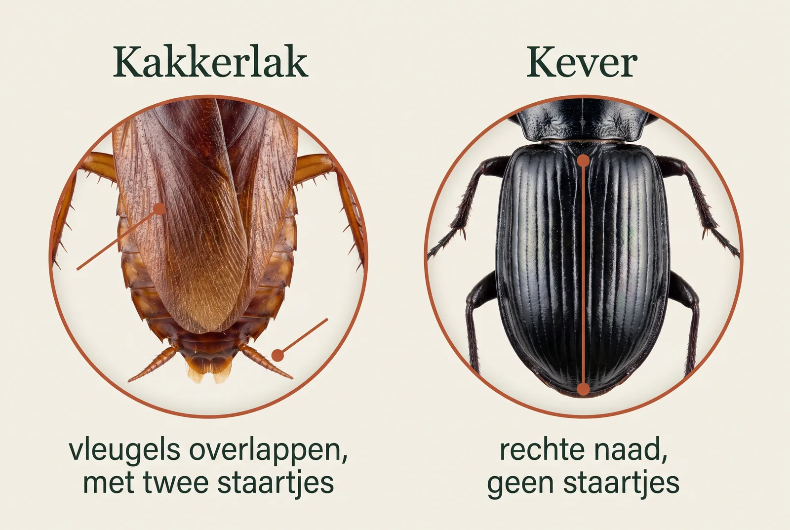 Achterkant van een kakkerlak met overlappende vleugels en twee staartjes naast de achterkant van een kever met een rechte naad tussen de dekschilden