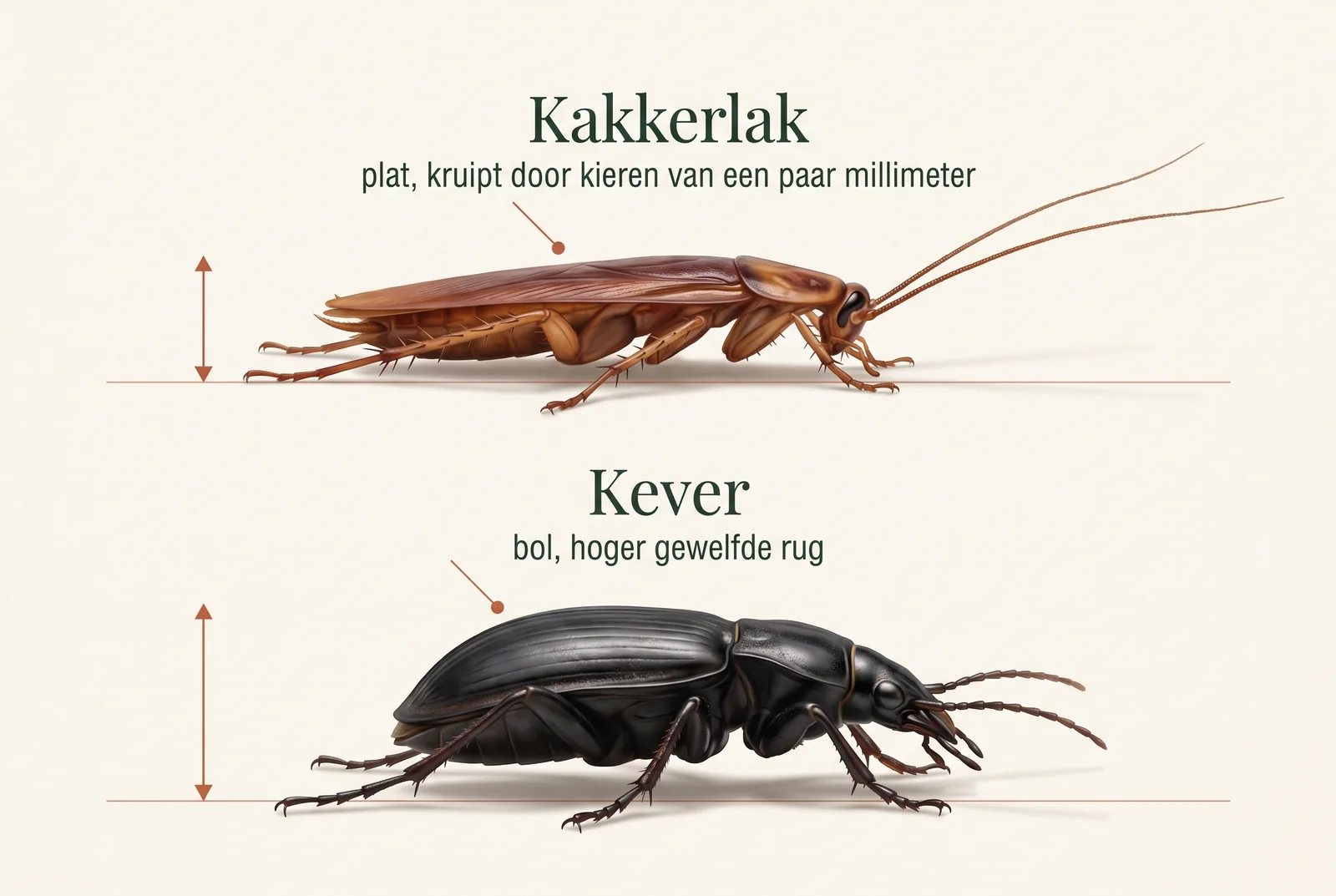 Zijaanzicht van een platte kakkerlak en een hoger gewelfde kever op dezelfde schaal