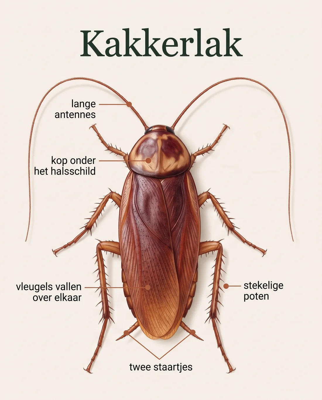 Kakkerlak van bovenaf met de lange antennes, de kop onder het halsschild, vleugels die over elkaar vallen, stekelige poten en twee staartjes aangewezen