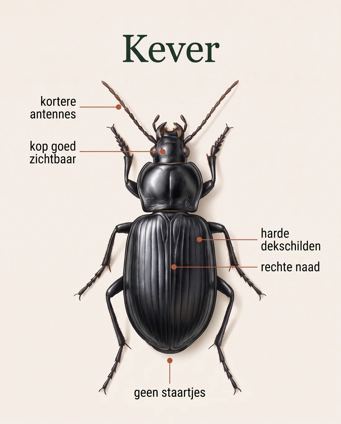 Kever van bovenaf met kortere antennes, een goed zichtbare kop, harde dekschilden met een rechte naad en geen staartjes aangewezen
