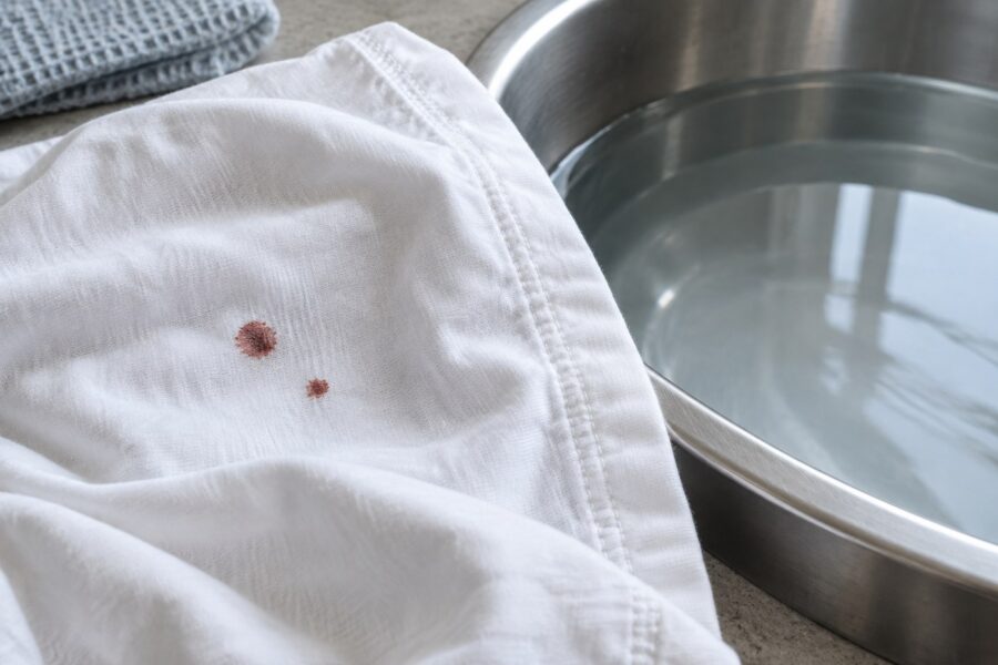 Witte katoenen stof met twee kleine bloedvlekken naast een wasbak