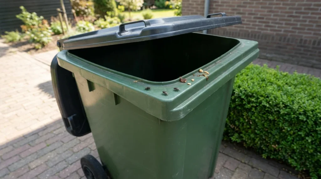 Vliegen op de rand van een groene afvalcontainer