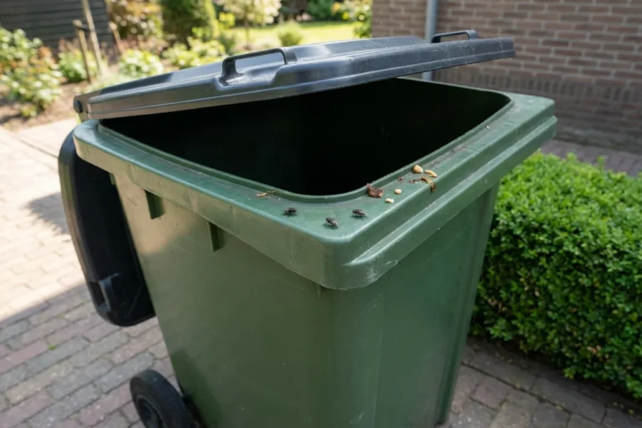 Vliegen op de rand van een groene afvalcontainer