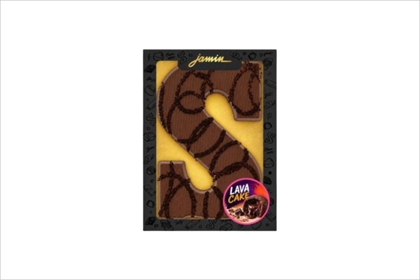 De teruggeroepen Lavacake Chocoladeletter van Jamin in de verpakking