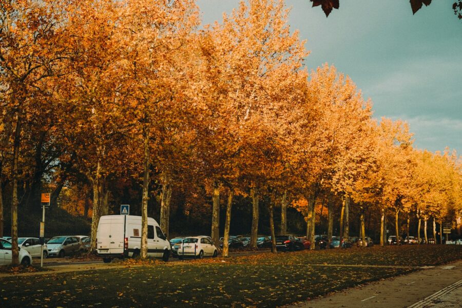 Caravan geparkeerd in een stalling in de herfst